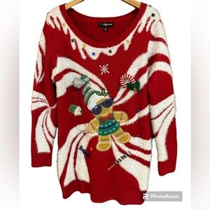 33 Degrees Ugly Christmas Sweater Gingerbread Man Longline Tunic Scoop Neck 3D L